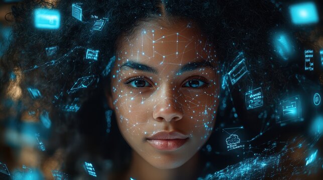 Closeup of Teacher with Digital Elements Around Face - Powered by Adobe