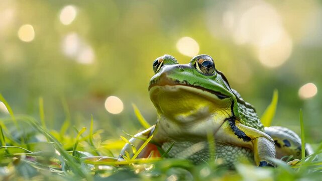 Close-up of a green frog Rana esculenta sitting in lush grass with a vibrant, blurred background, showcasing natural wildlife.