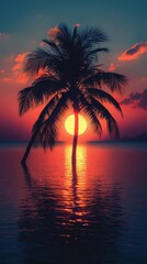 A serene sunset over the ocean with a silhouetted palm tree.