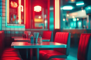 Retro american diner interior with vibrant neon lighting and cozy booth seating.