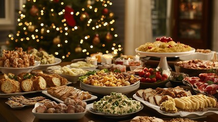 Fototapeta premium Christmas Holiday Feast Table with Various Food and Decorations
