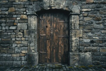 Fototapeta premium wallpaper with wooden old door and stone brick wall