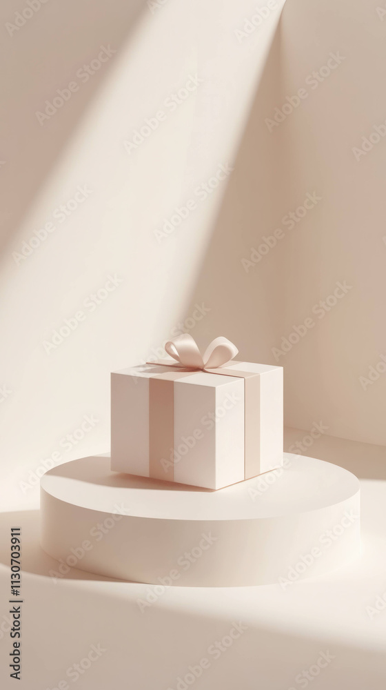 Poster gift box on round platform with soft light and shadows