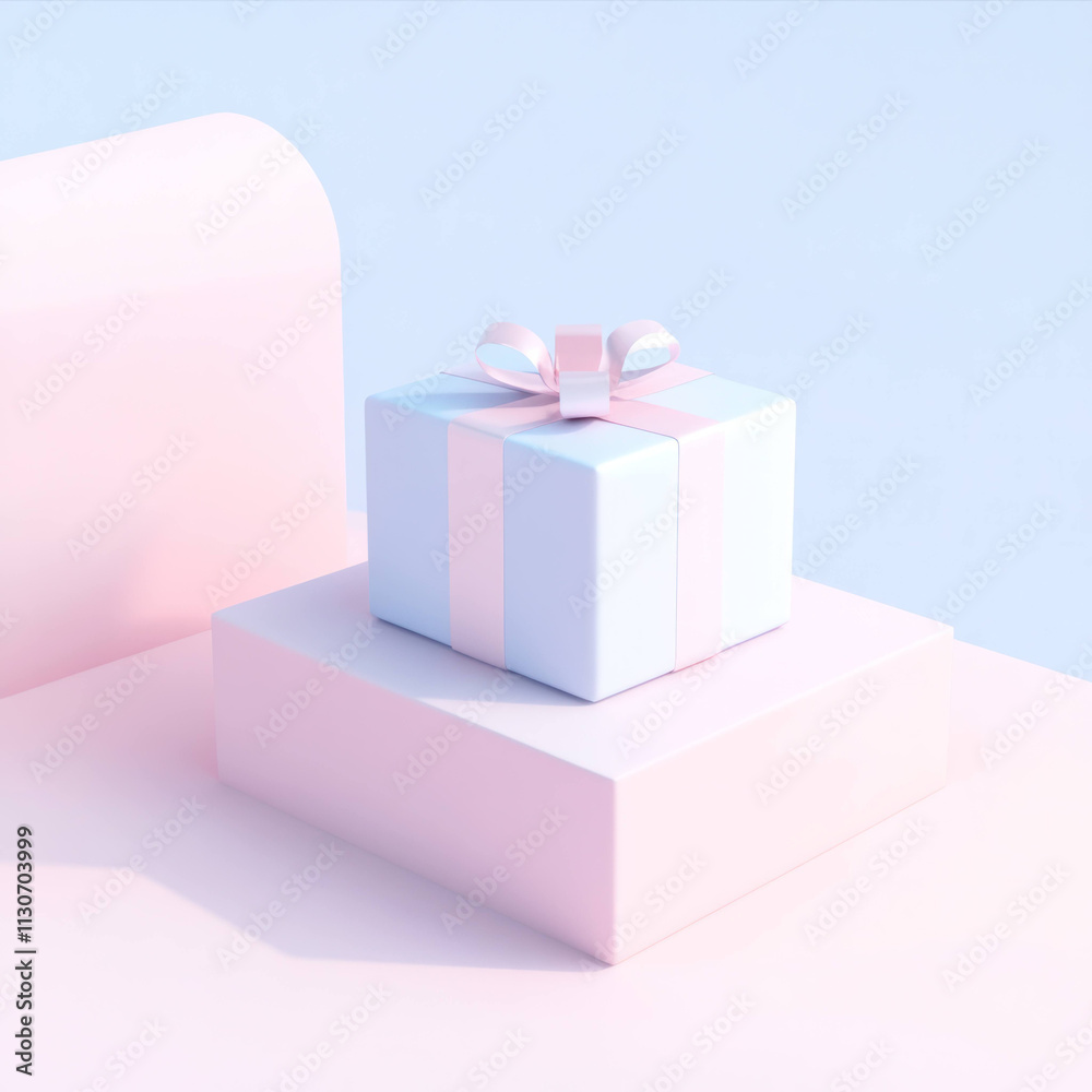 Poster pastel gift box on platform with soft gradient shadows