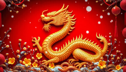 Fototapeta premium A detailed golden dragon depicted on a vibrant red background surrounded by festive ornaments, symbolizing prosperity and cultural richness.
