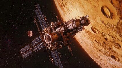 Space Station Orbiting Mars: A Breathtaking View of the Red Planet and Celestial Bodies