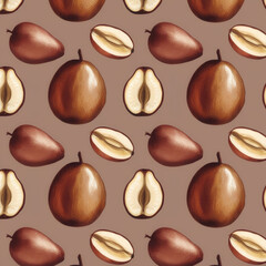 A pattern of fruit with a brown background. The fruit includes oranges, kiwis, and bananas