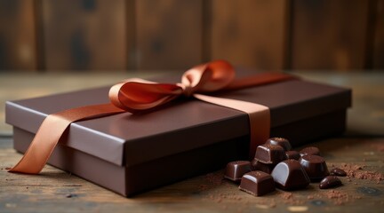 Elegant chocolate gift box tied with a satin ribbon, surrounded by assorted gourmet chocolates on a rustic wooden table