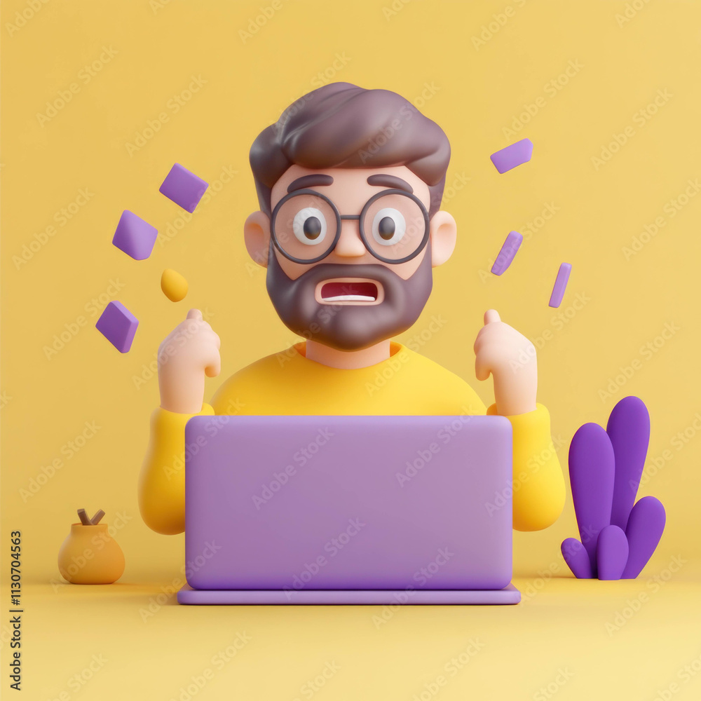 Poster frustrated man working on laptop in colorful setting