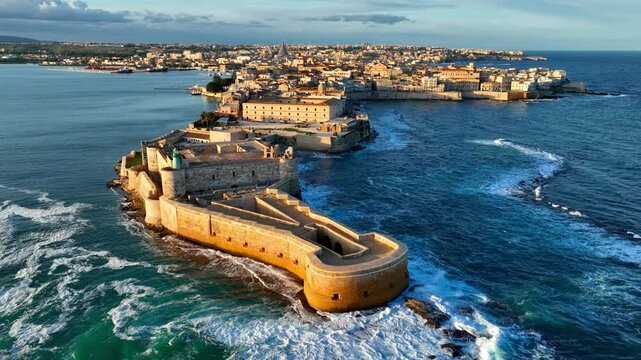 Syracuse in Sicily, Italy, aerial view, flying above Sicilian city of Syracuse at sunset, travel in Sicily, Mediterranean resort town