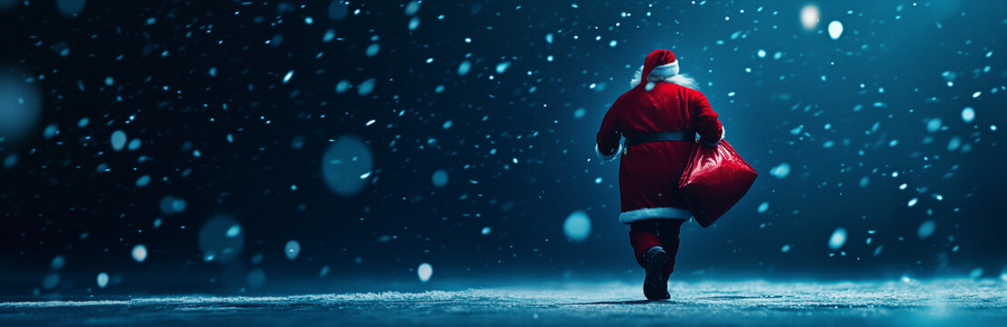 Banner con Babbo Natale con il sacco di regali in spalla che cammina nella neve la vigilia di Natale.