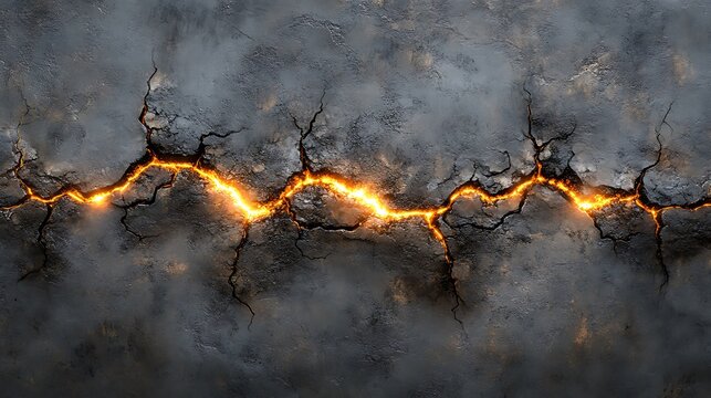 Ground splitting open with glowing lava illuminating the crack