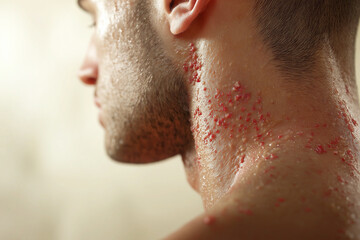 Skin condition visibly affecting the neck area of a young adult male. Generative AI