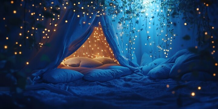 A whimsical blanket fort illuminated by soft fairy lights, filled with fluffy pillows and surrounded by a magical blue ambiance