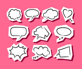 Hand drawn speech bubbles. Grunge isolated social media stickers. Paper clippings. Editable elements