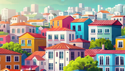 Naklejka premium Illustration of Colorful City Buildings with Red Roofs and Green Trees