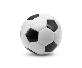 Fototapeta premium Classic black and white football. Soccer ball stitched leather is placed on the floor isolated on white background.