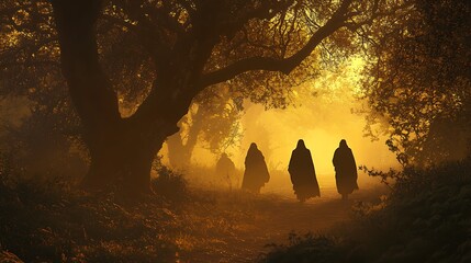 Silhouetted figures walking along a quiet path during the soft golden glow of morning 