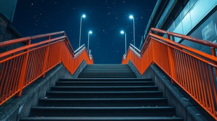Fototapeta premium Bright orange stairs lead up into a starry night, illuminated by cool blue lights. A stunning modern urban scene filled with wonder.