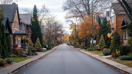 Tree-lined streets with houses decorated for the season. 
