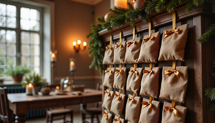 Obraz premium Elegant advent calendar with soft bags and festive decor in cozy dining room