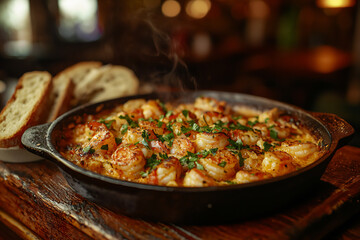 A sizzling plate of Spanish gambas al ajillo (garlic shrimp), served with crusty bread for dipping, placed on a wooden bar counter with warm lighting