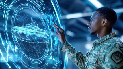 Soldier interacting with futuristic tank hologram.