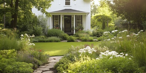 Fototapeta premium A white house with a porch and a path leading to it. The path is lined with flowers and bushes