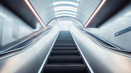 Obraz premium A view from the bottom of an escalator leading upwards, with a bright light at the top.