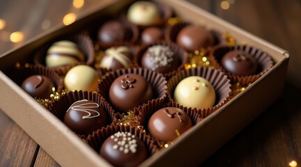 A close-up shot of assorted gourmet chocolates in a gift box showcases the intricate designs and rich textures on a rustic wooden table
