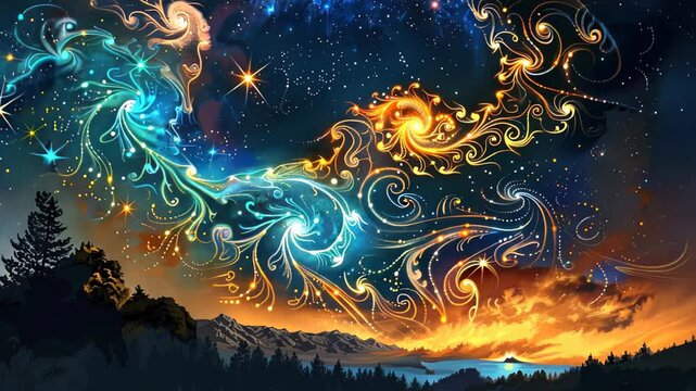 Vivid cosmic landscape with swirling colors and starry night sky over mountains
