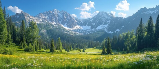 Sunny meadow with wildflowers, coniferous forest and snow-capped mountains in background.