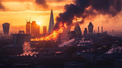 Fototapeta premium Dramatic Urban Fire Scene at Sunset with Skyscrapers and Smoke Filling the Sky