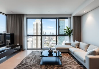 Fototapeta premium Minimalist apartment with city view. Interior design of modern living room