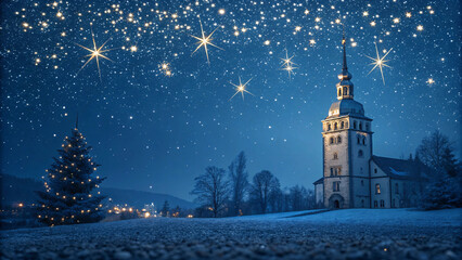 Fototapeta premium A snowy field and a glowing chapel tower under a blanket of bright stars, capturing winter's serene beauty and festive spirit