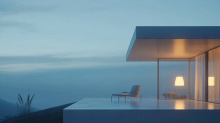 Fototapeta premium Modern minimalist home with serene outdoor view at dusk
