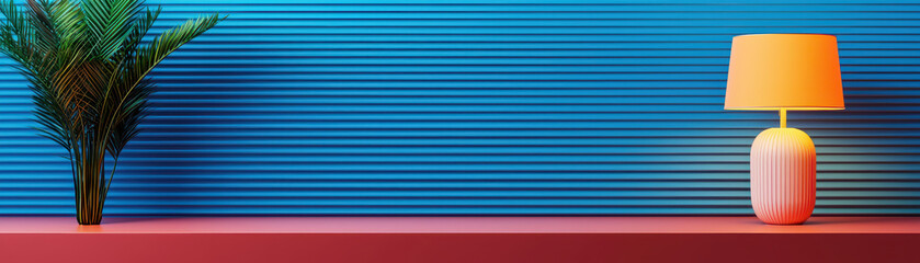 Obraz premium vibrant interior featuring colorful lamp and plant against striped blue wall. design exudes modern aesthetics and warmth