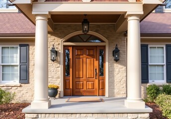 Fototapeta premium Main entrance door in house. Wooden front door with gabled porch and landing. Exterior of georgian style home cottage with columns and stone cladding