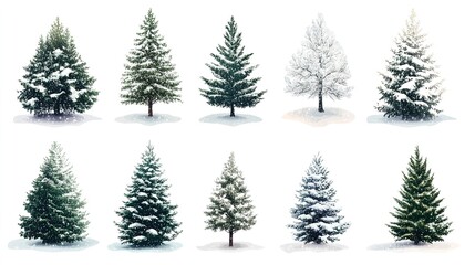 Obraz premium Snowy Pine Trees Isolated on White Background, Winter Landscape