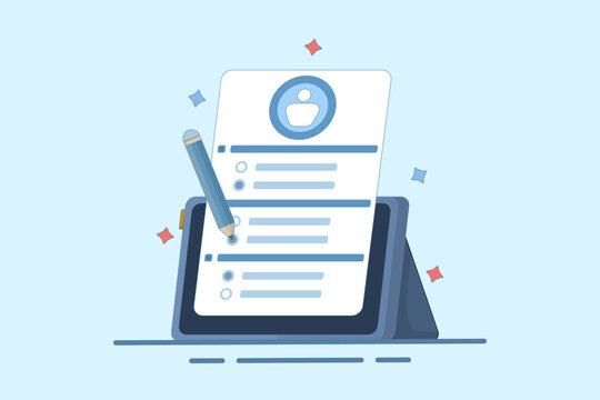 questionnaire concept. questions and answers. device with survey form using pencil. Filling or answering survey or questionnaire. flat vector illustration on background.