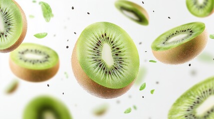 Fototapeta premium Fresh kiwi fruit slices flying in air, healthy eating concept