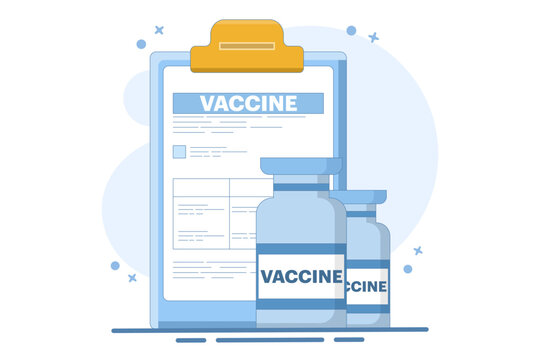global vaccination preparation concept against the virus. Vaccine ready for clinical trials. Immunization campaign concept. Flat cartoon vector illustration with icons.