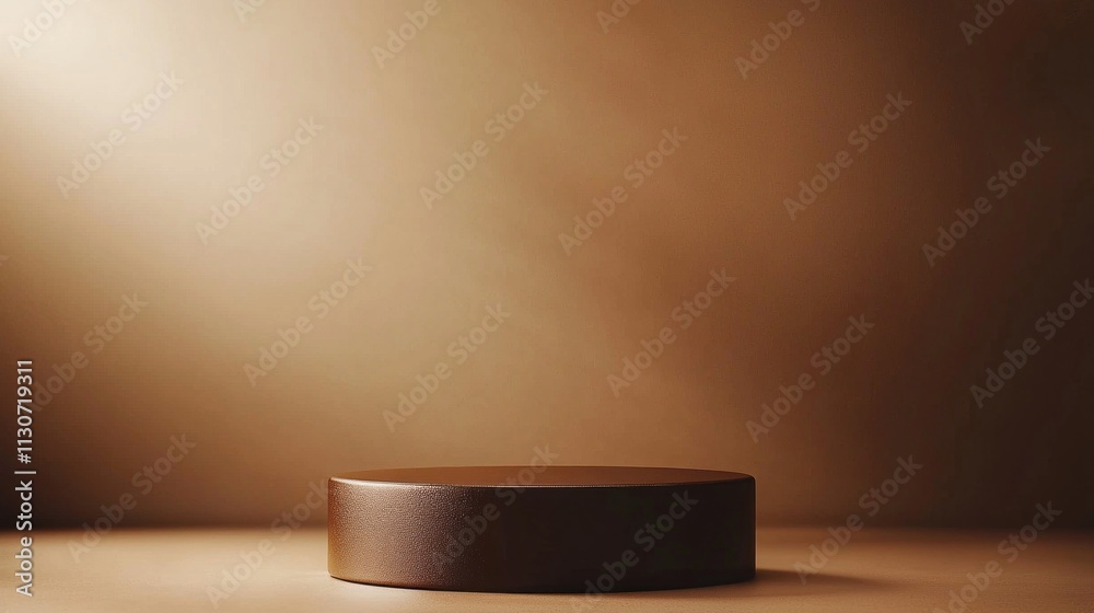 Poster an empty podium in rich mocha mousse color rests against a warm, softly illuminated backdrop. the se