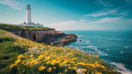 A Beautiful Lighthouse by the Sea Surrounded by Bright Yellow Flowers on a Sunny Day