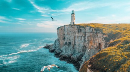 Stunning cliffside lighthouse under a clear blue sky and flying birds by the ocean, creating a serene and peaceful atmosphere
