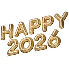 Happy 2026. The inscription in the form of gold balloons. 3D illustration of inflated letters on a transparent background. 