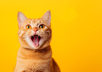 Portrait of a funny ginger cat with fluffy and healthy fur looking up meowing with an open mouth on a yellow background, leaving space for text. Cute ginger pet, meowing and having widely opened mouth