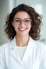 Obraz premium A smiling adult wearing clear aligners in a professional office setting.