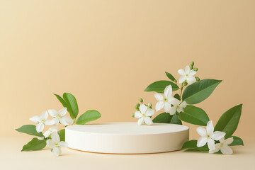 White empty rounded podium presentation of product. White podium and beautiful jasmine flowers on beige background, space for texts. Advertising podium for cosmetic, spa, skincare, massage product. 
