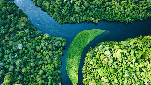 Stunning aerial view of the Amazon River winding through lush green rainforest in Macapa, Brazil. The scenery highlights the natural beauty and biodiversity of the region.